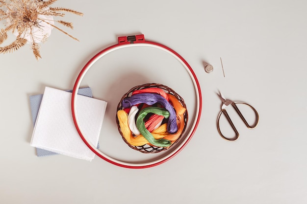 Нитки и пяльцы на столе